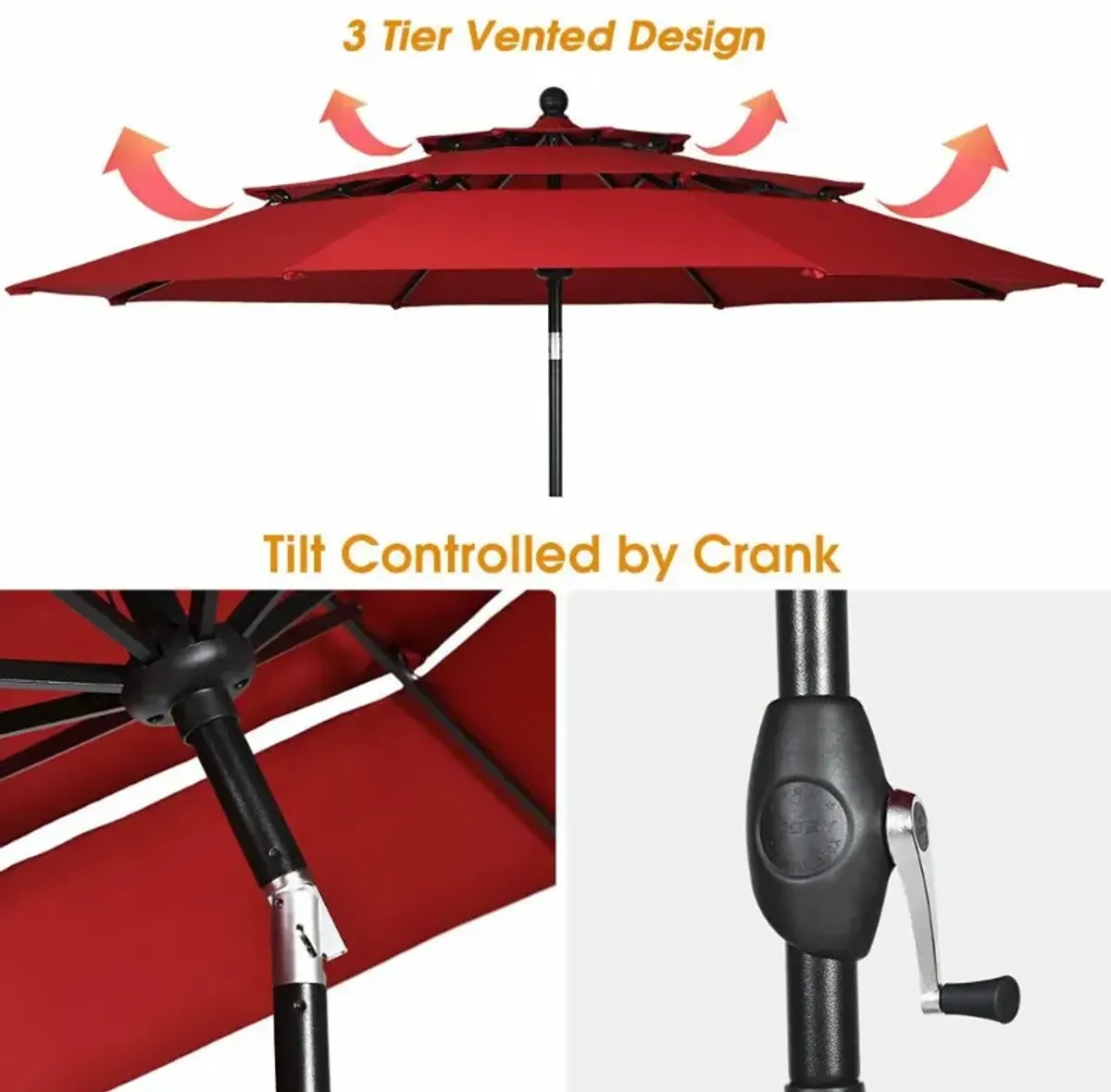 10ft 3 Tier Patio Umbrella Aluminum Sunshade Shelter Double Vented without Base