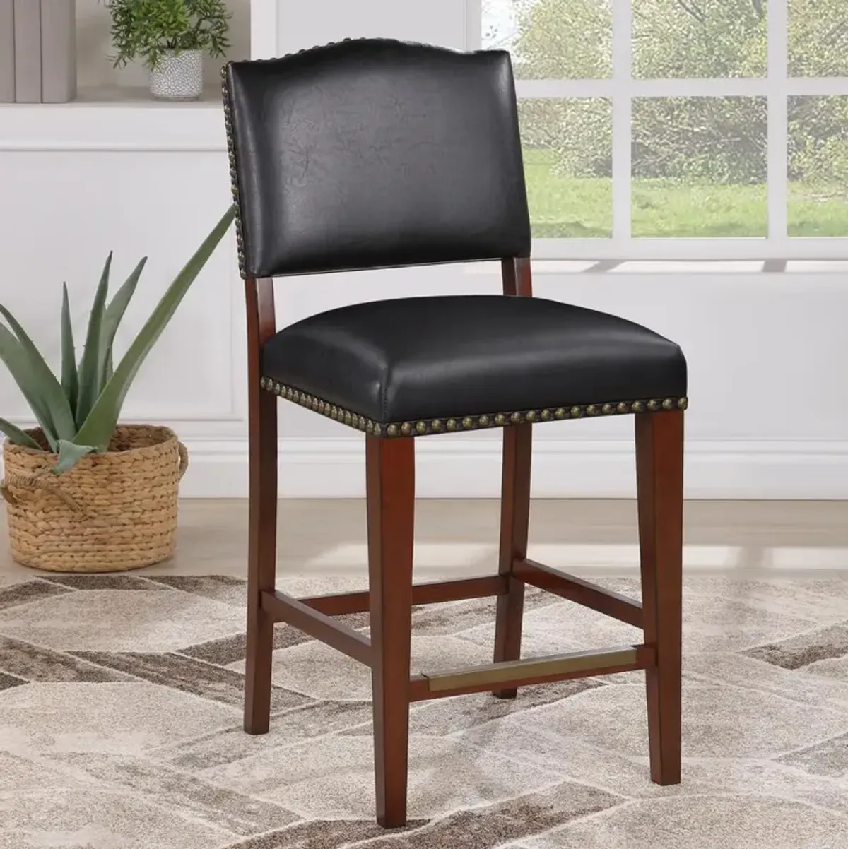 Comfort Pointe Denver Stationary Faux Leather Brown Counter Stool with Nail Heads