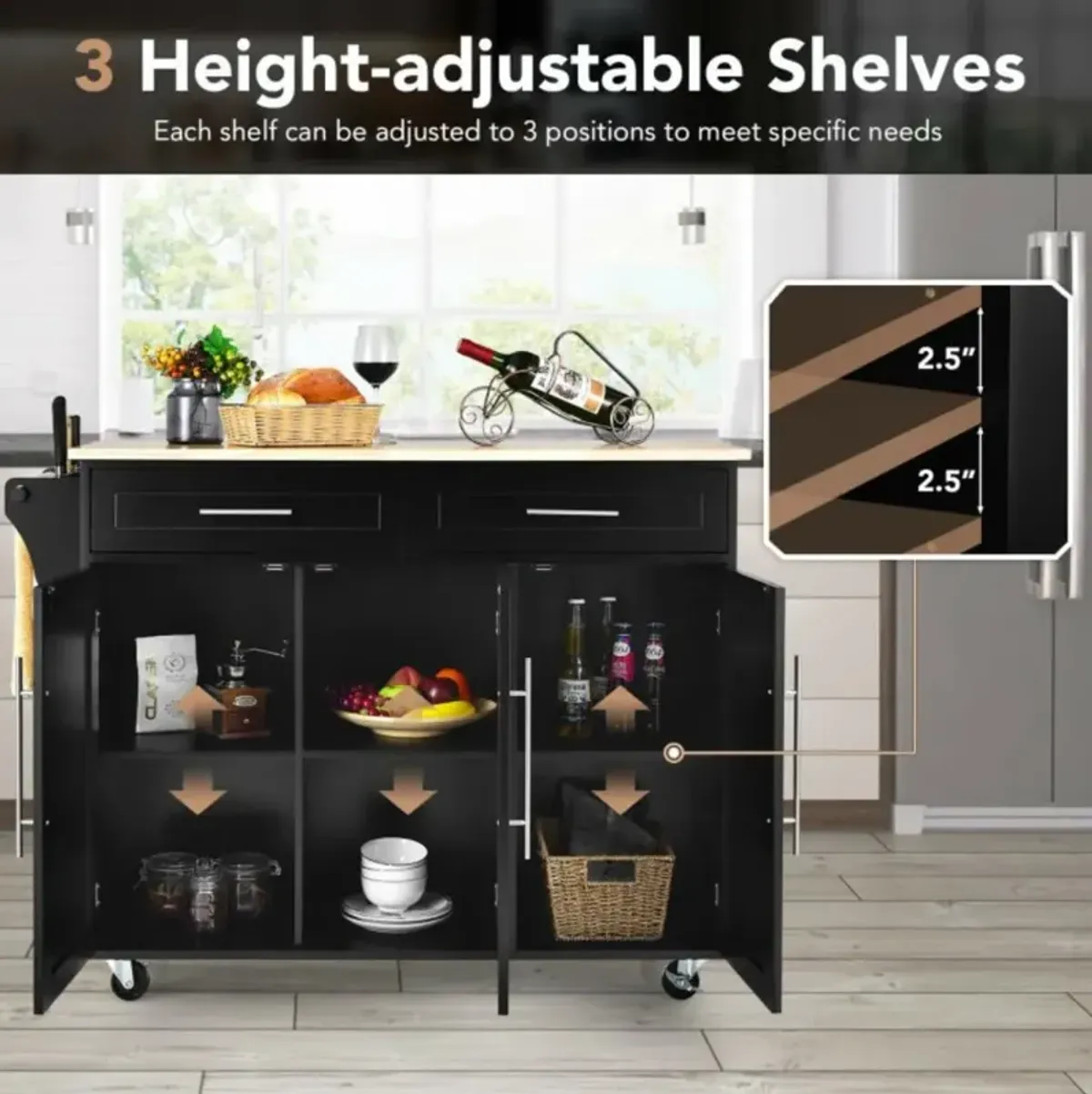 Hivvago Kitchen Island Trolley Wood Top Rolling Storage Cabinet Cart with Knife Block