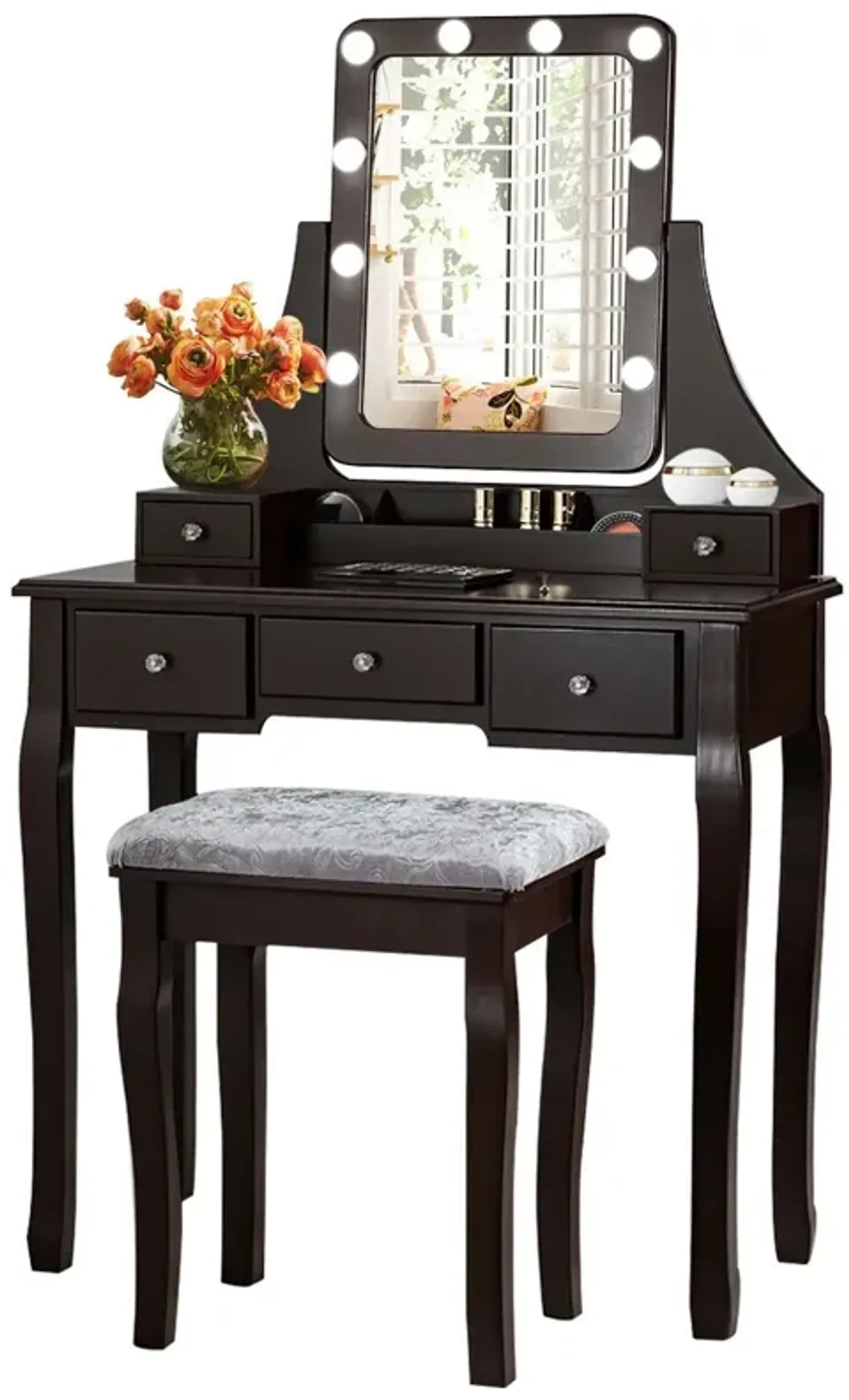 Vanity Dressing Table Set with 10 Dimmable Bulbs and Cushioned Stool