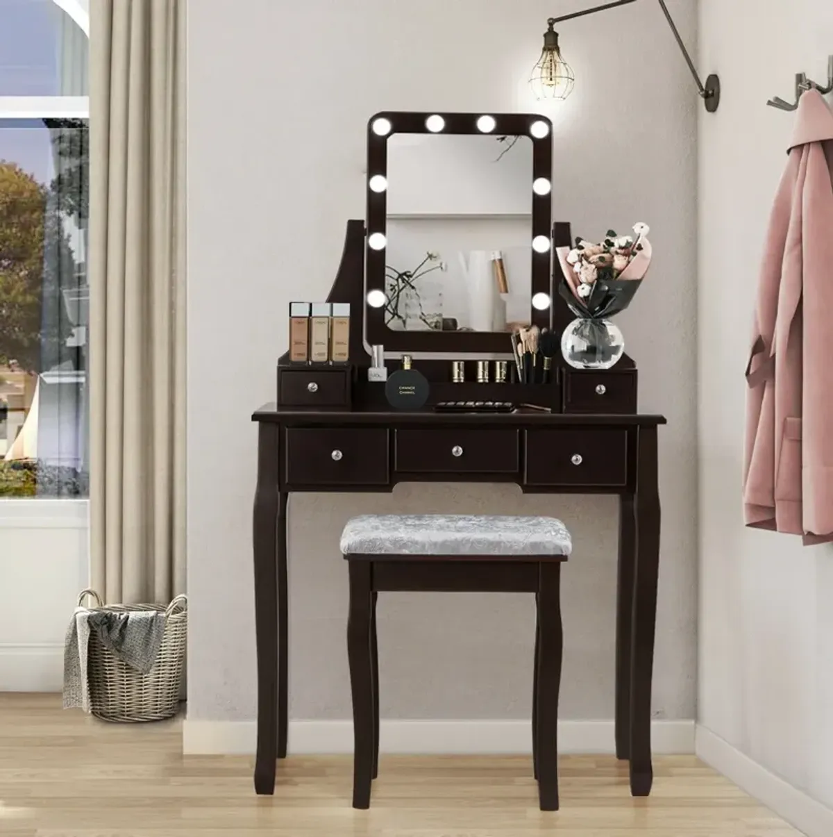 Vanity Dressing Table Set with 10 Dimmable Bulbs and Cushioned Stool