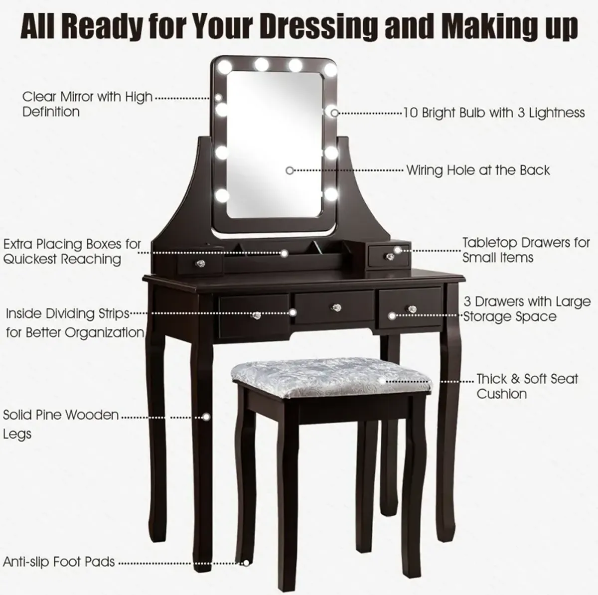 Vanity Dressing Table Set with 10 Dimmable Bulbs and Cushioned Stool