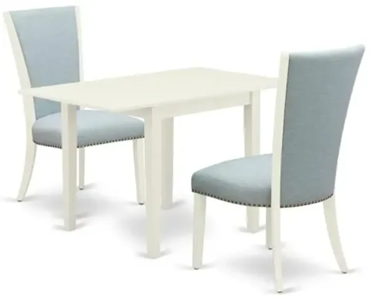 East-West Furniture NDVE3-LWH-15 - A dining table set of two wonderful dining chairs with Linen Fabric Baby Blue color and an attractive drop leaf rectangle kitchen table with Linen White color