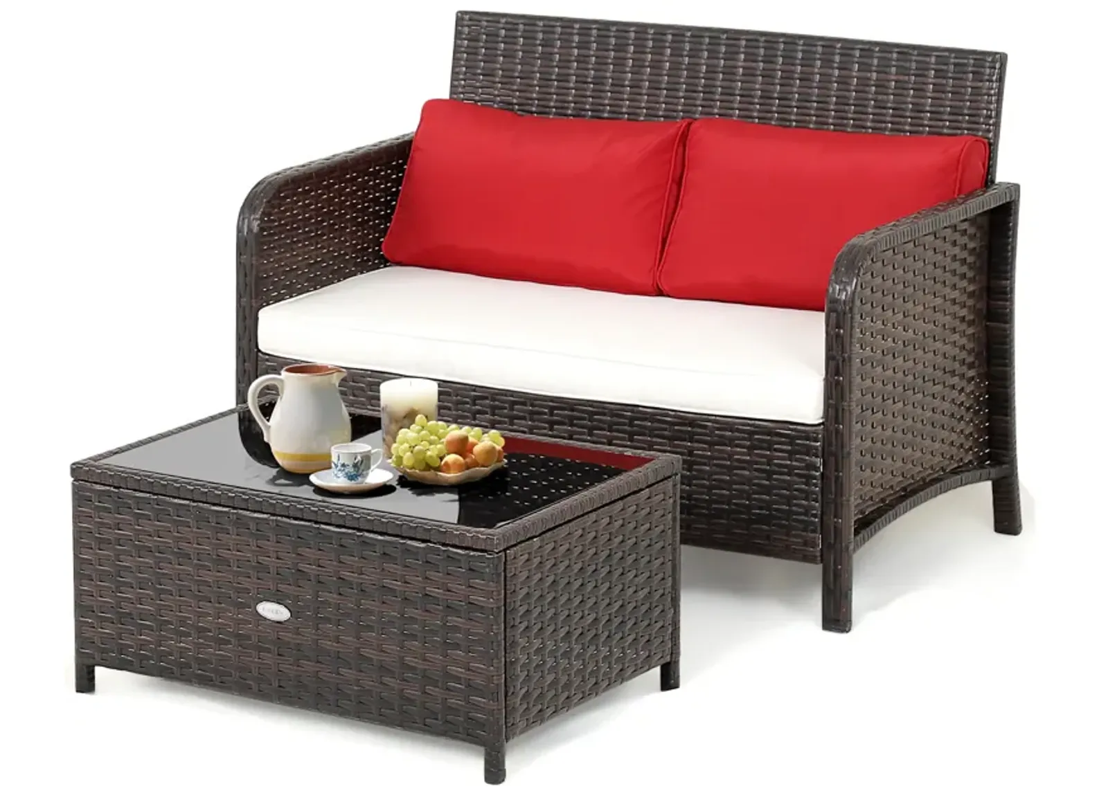 2 Pieces Wicker Loveseat Set with Coffee Table