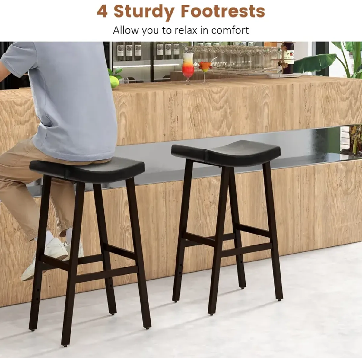 Bar Stools Set of 2 with PU Leather Upholstered Saddle Seat and Footrest-Brown