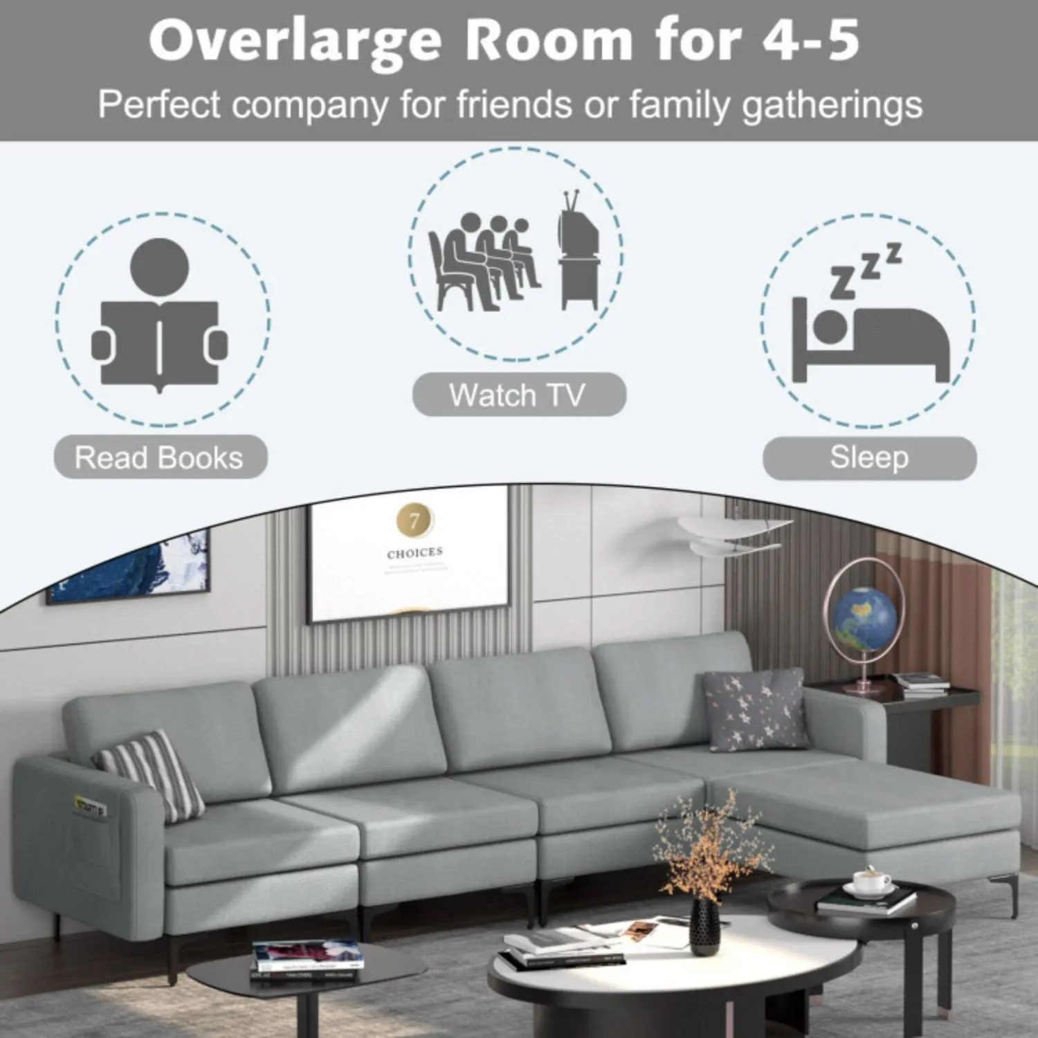 Convertible Sectional Sofa with Reversible Ottoman-4-Seat L-shaped with 2 USB Ports