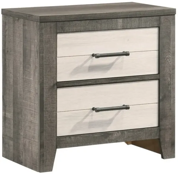 Yaz 25 Inch Modern 2 Drawer Nightstand, Bar Metal Handles, White and Gray-Benzara