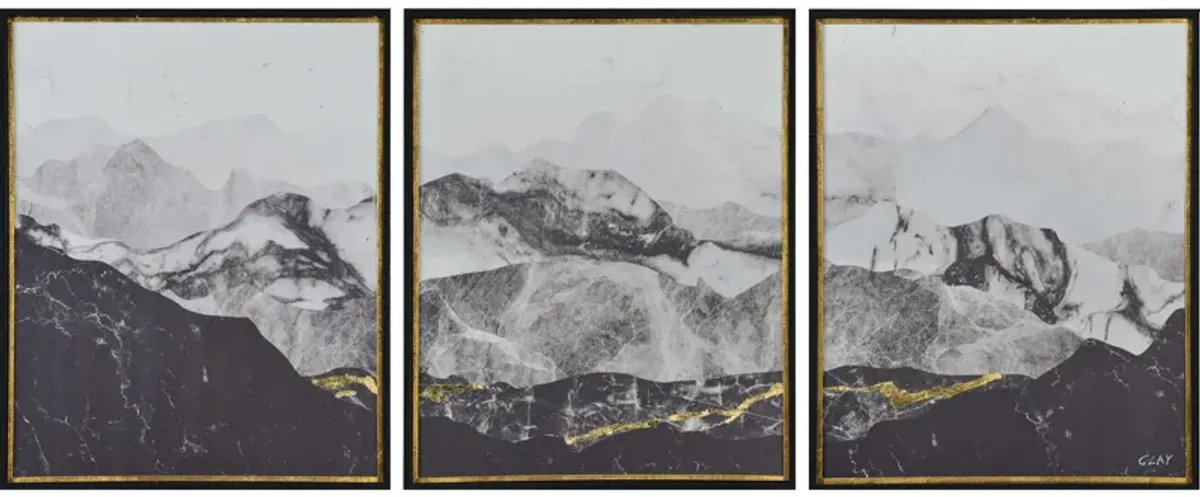 Set of 3 Black and Gold Mountain Range Framed Rectangular Wall Arts 21.5"