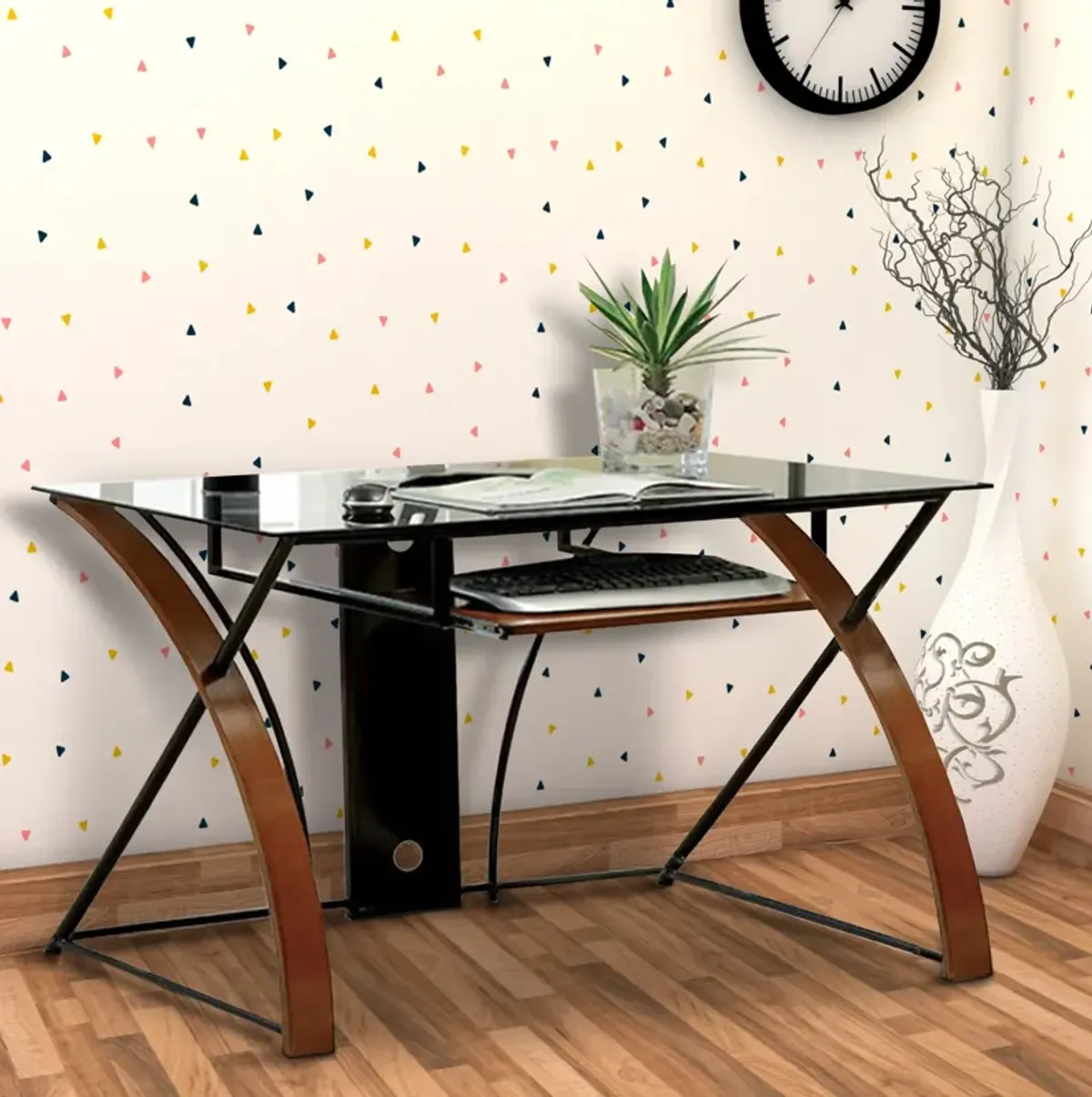 Glass Top Computer Desk with Z Shaped Metal Legs, Brown and Black - Benzara