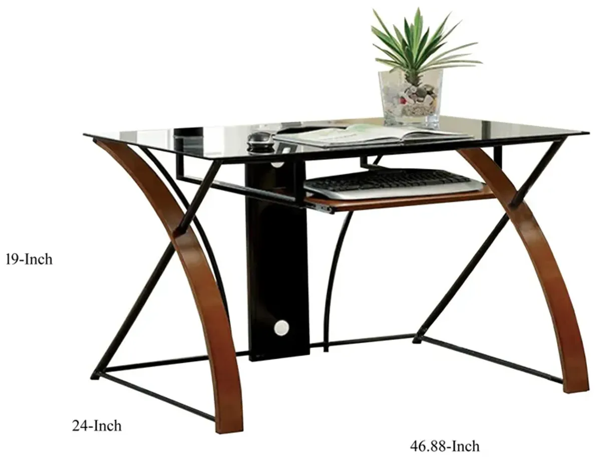 Glass Top Computer Desk with Z Shaped Metal Legs, Brown and Black - Benzara