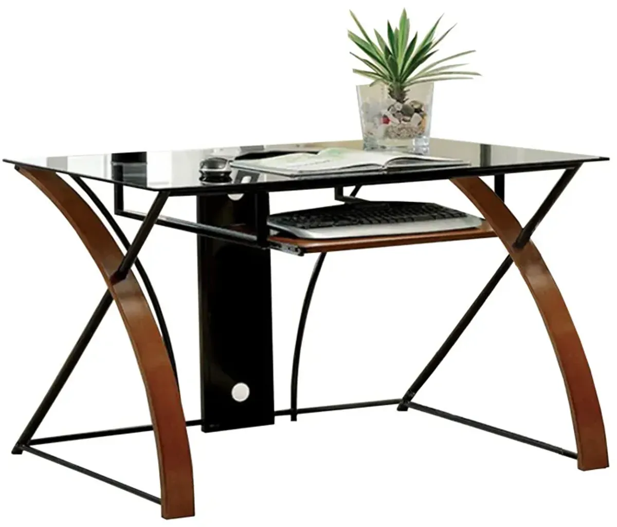 Glass Top Computer Desk with Z Shaped Metal Legs, Brown and Black - Benzara