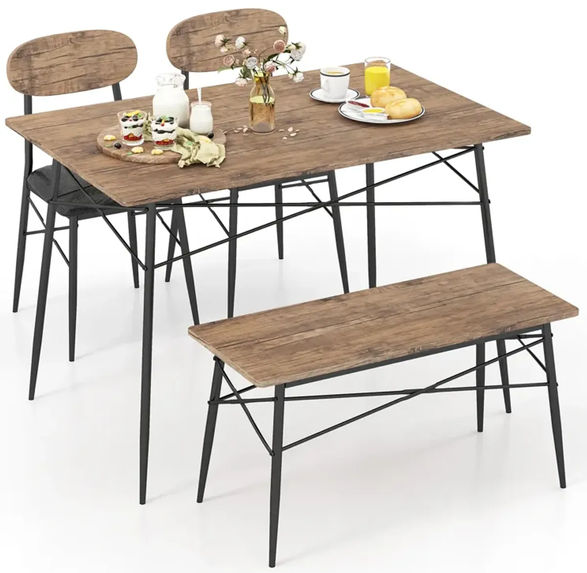 4 Piece Dining Table Set with Bench and 2 Chairs-Brown