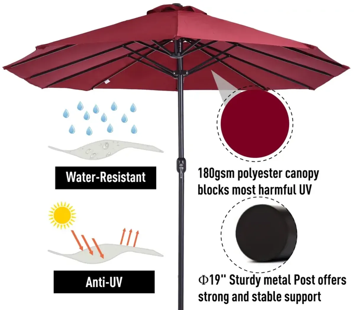 Wine Red Sun Shield: 15ft Double-Sided Patio Umbrella for Backyard