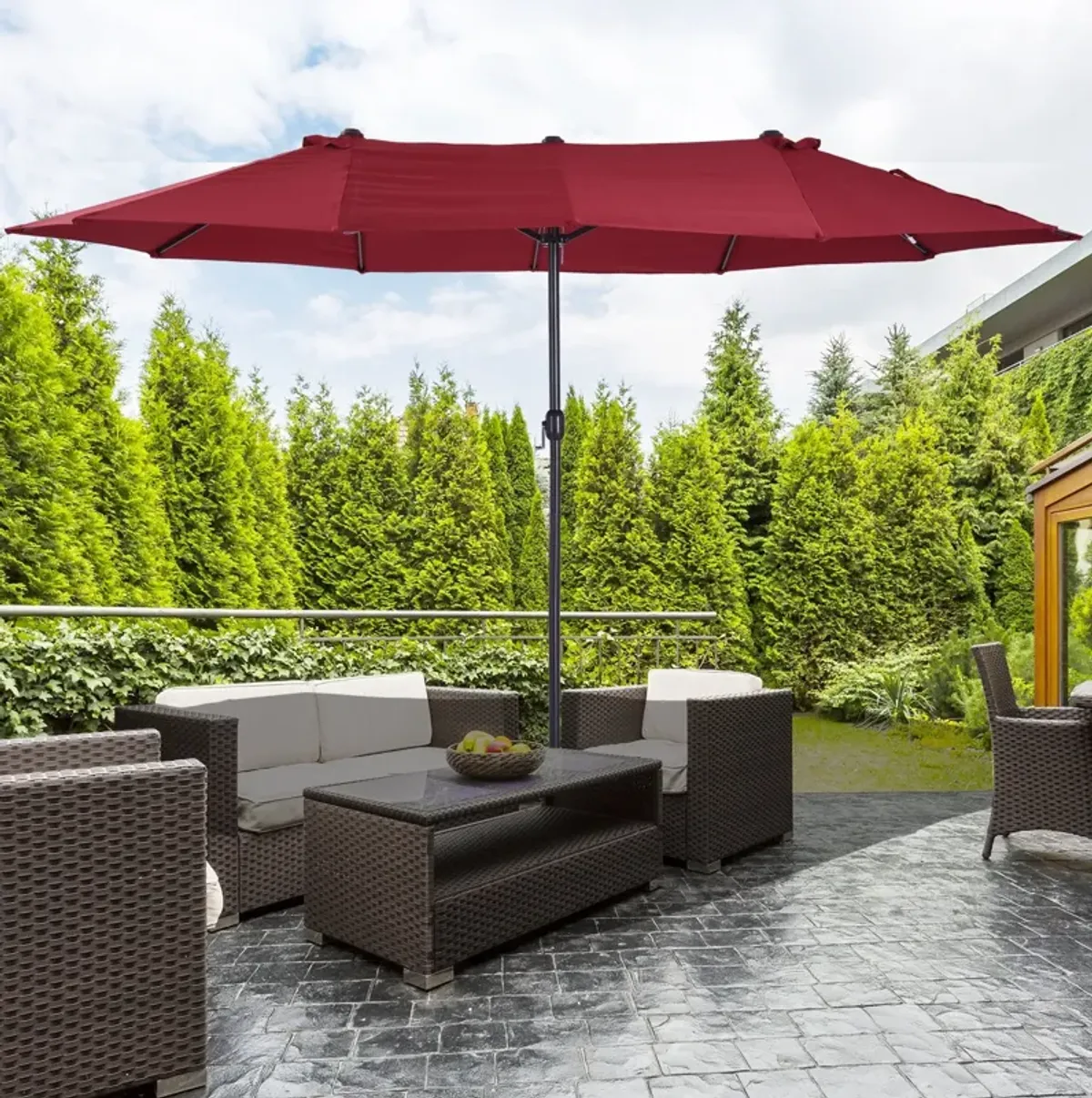 Wine Red Sun Shield: 15ft Double-Sided Patio Umbrella for Backyard