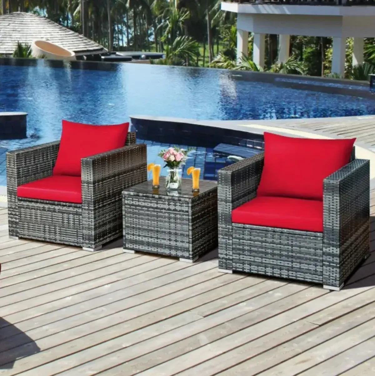 Hivvago 3 Pieces Patio Rattan Furniture Bistro Sofa Set with Cushioned