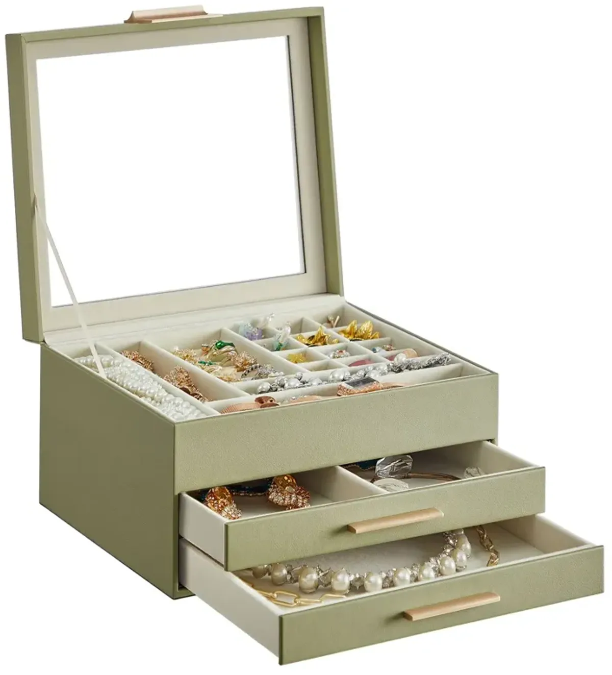 3-Layer Jewelry Box with Glass Lid and 2 Drawers - Perfect Gift for Loved Ones