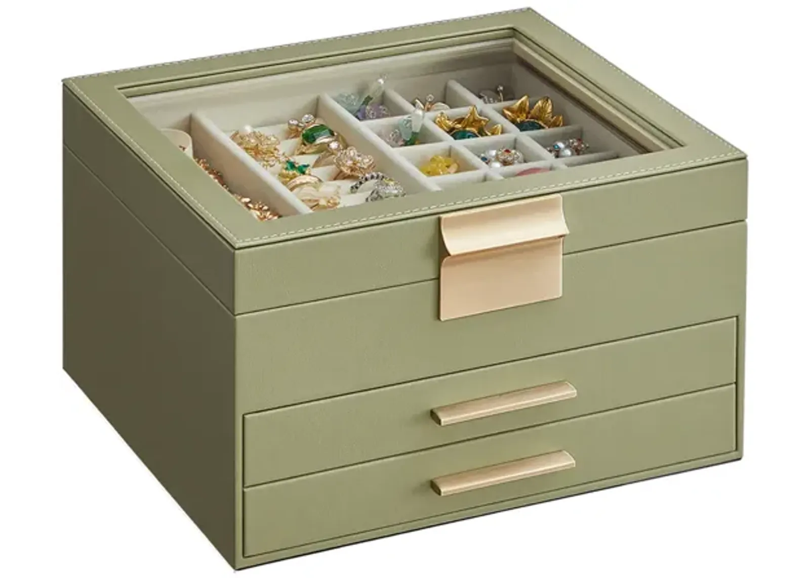 3-Layer Jewelry Box with Glass Lid and 2 Drawers - Perfect Gift for Loved Ones