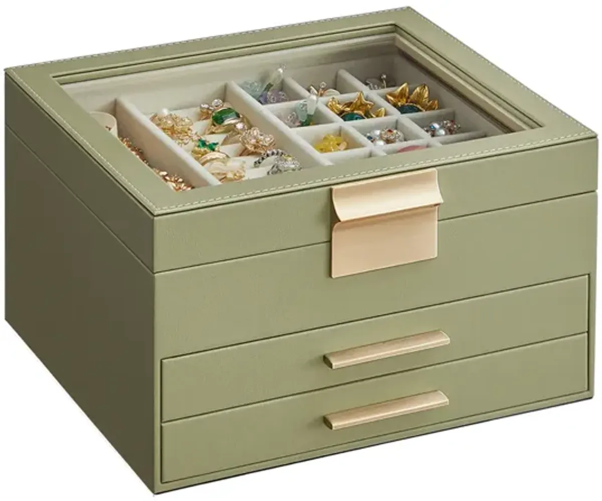 3-Layer Jewelry Box with Glass Lid and 2 Drawers - Perfect Gift for Loved Ones