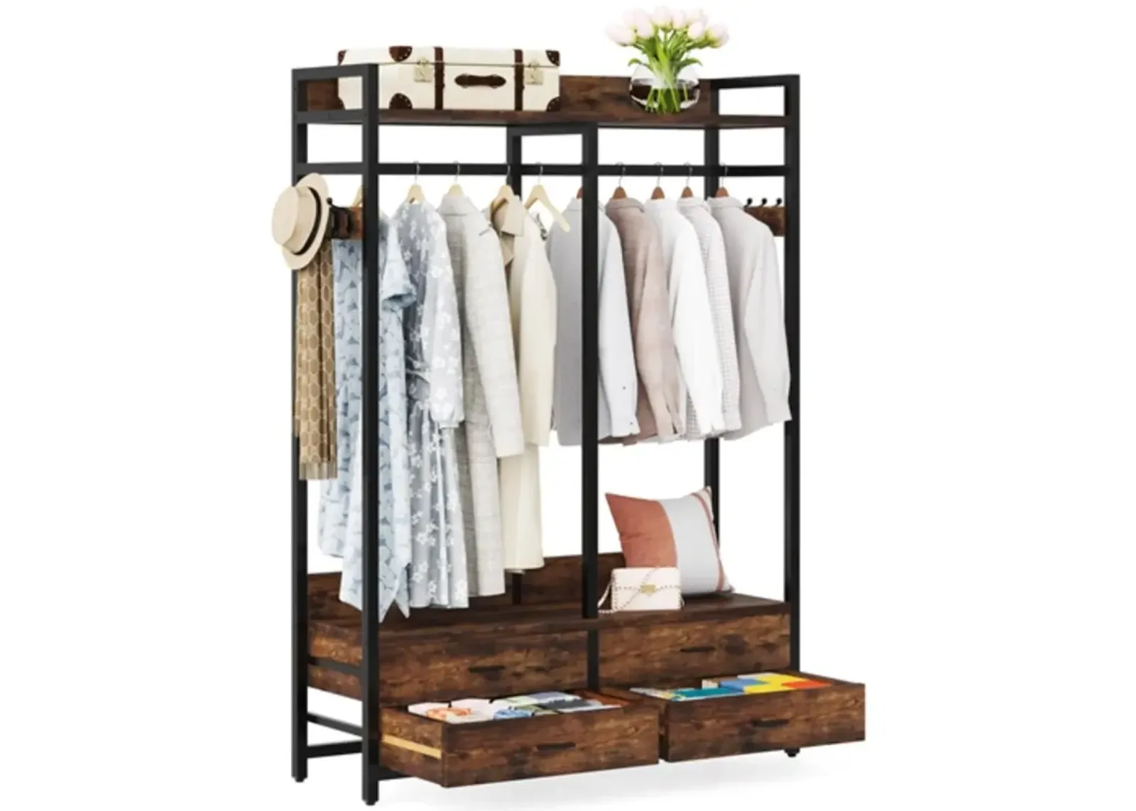 Hivvago Heavy Duty Brown Black Garment Rack Clothes Hanging Rod with 4 Storage Drawers