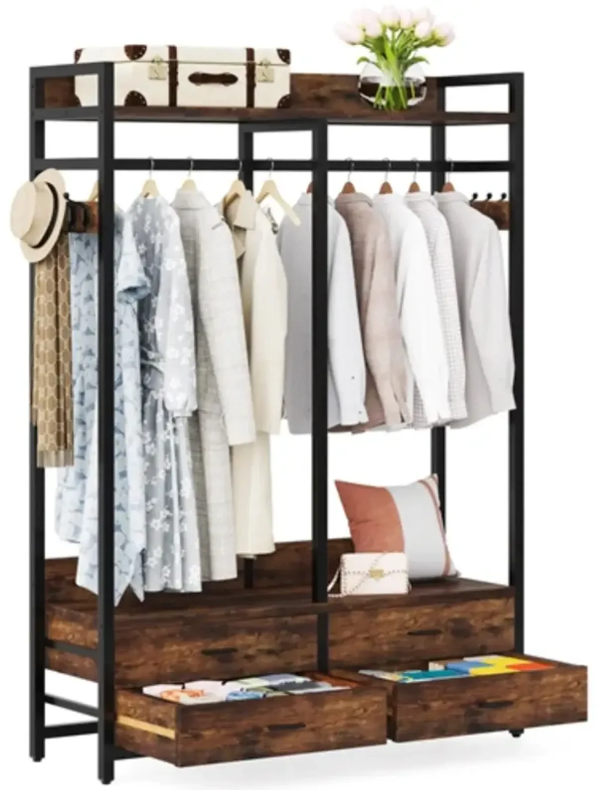 Hivvago Heavy Duty Brown Black Garment Rack Clothes Hanging Rod with 4 Storage Drawers