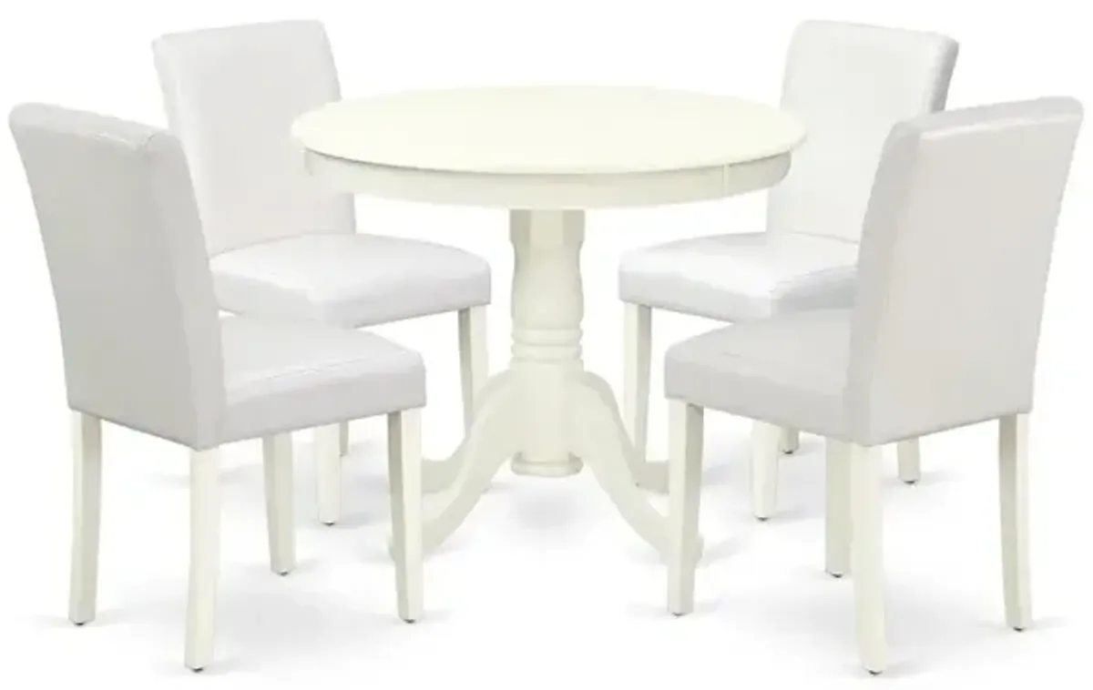 5 Piece Dining Room Table Set Includes a Round Kitchen Table with Pedestal and 4 White Faux Leather Upholstered Parson Chairs, Linen White
