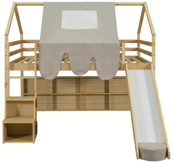 Merax Wooden House-shaped Frame Loft Bed  with a Tent