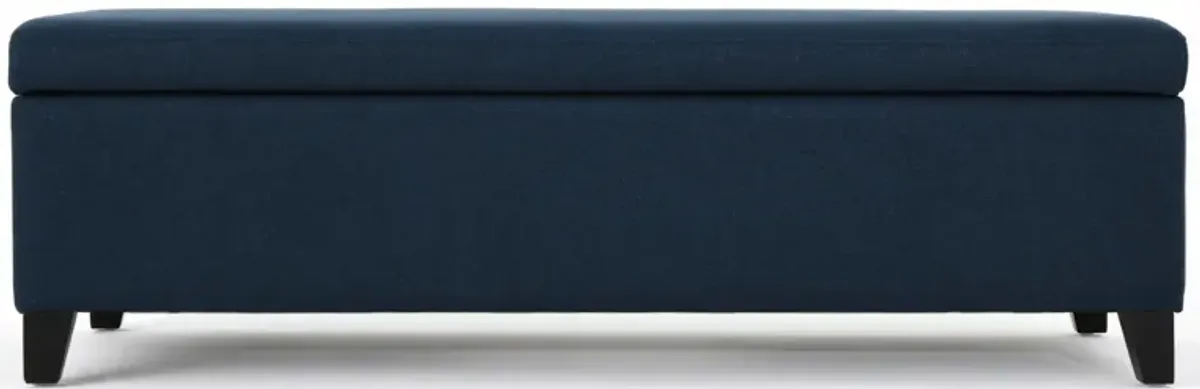 Harry Storage Ottoman Bench, Navy Blue Fabric 51 Inch Solid Birch Wood -Benzara