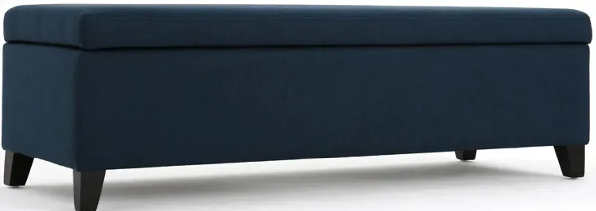 Harry Storage Ottoman Bench, Navy Blue Fabric 51 Inch Solid Birch Wood -Benzara