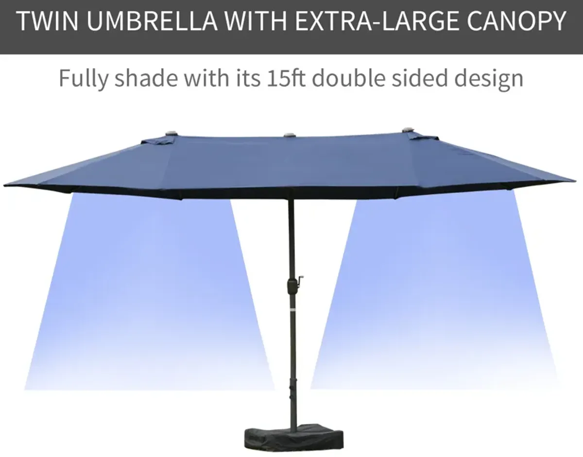 Outsunny Patio Umbrella 15' Steel Rectangular Outdoor Double Sided Market with base, Sun Protection & Easy Crank for Deck Pool Patio, Dark Blue