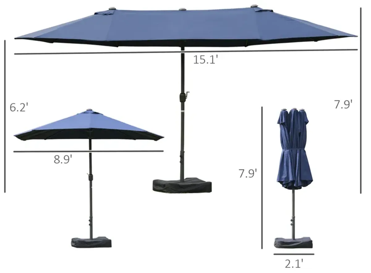 Outsunny Patio Umbrella 15' Steel Rectangular Outdoor Double Sided Market with base, Sun Protection & Easy Crank for Deck Pool Patio, Dark Blue