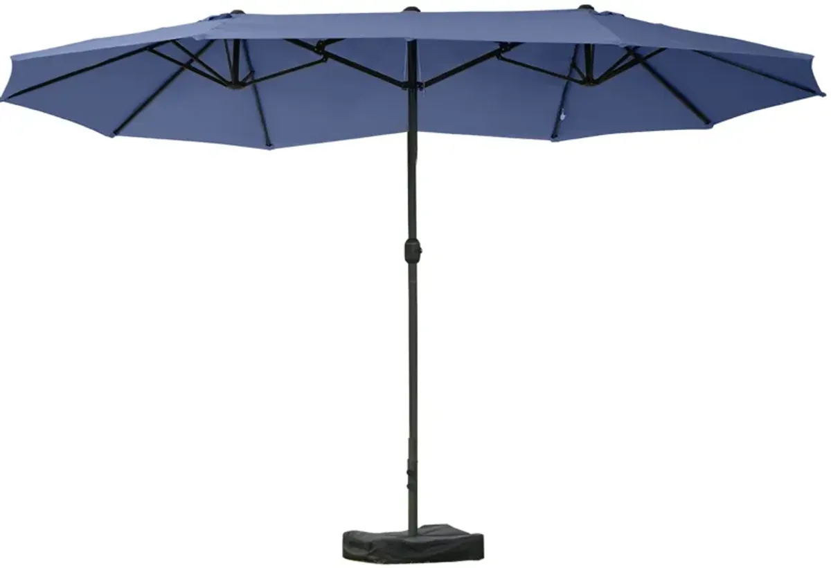 Outsunny Patio Umbrella 15' Steel Rectangular Outdoor Double Sided Market with base, Sun Protection & Easy Crank for Deck Pool Patio, Dark Blue