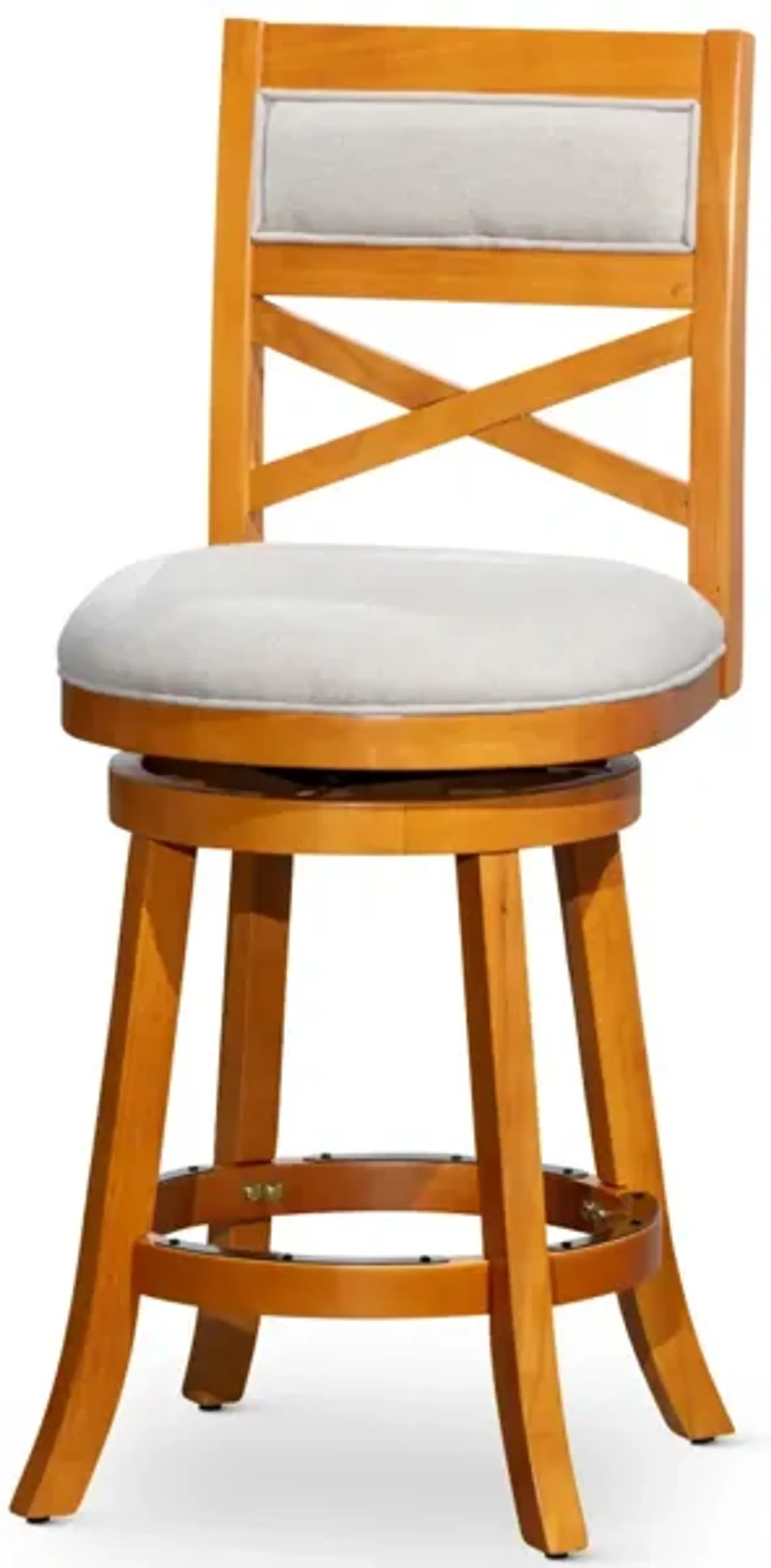 30" Bar Height X-Back Swivel Stool, Natural Finish, Beige Fabric Seat