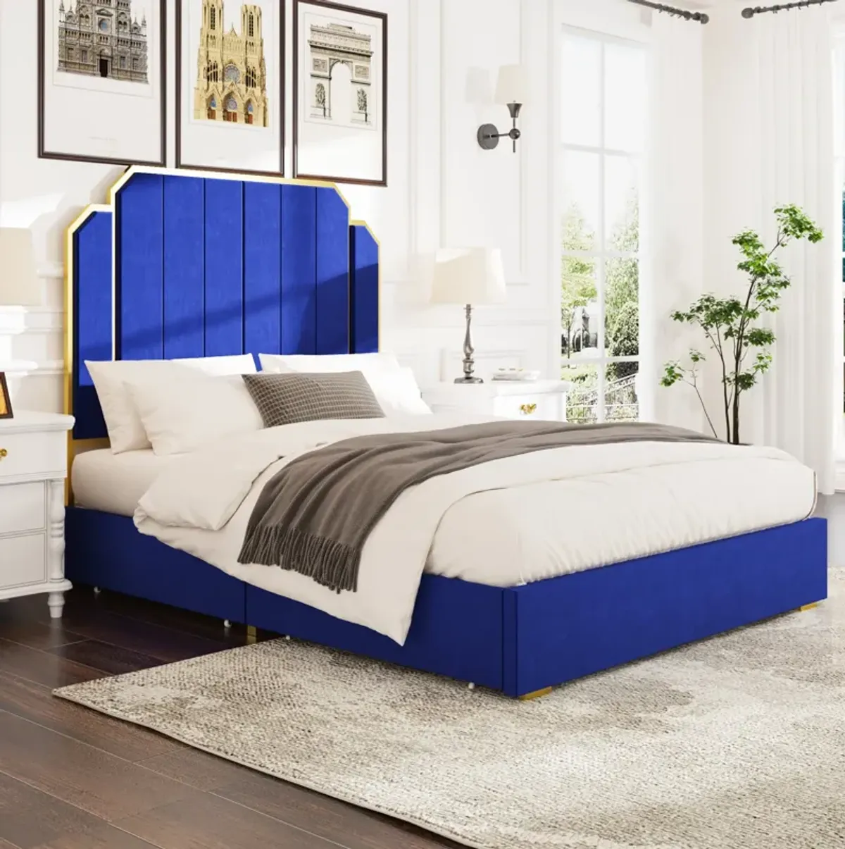 MONDAWE Queen Size Modern Platform Bed Frame and 59.06" Headboard, Upholstered Bed with Golden Plating Trim