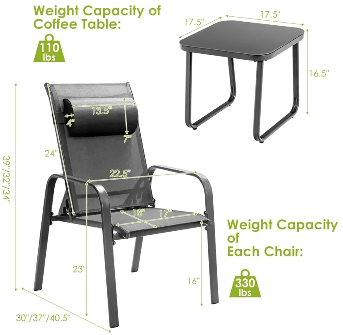 3 Pieces Patio Bistro Furniture Set with Adjustable Backrest