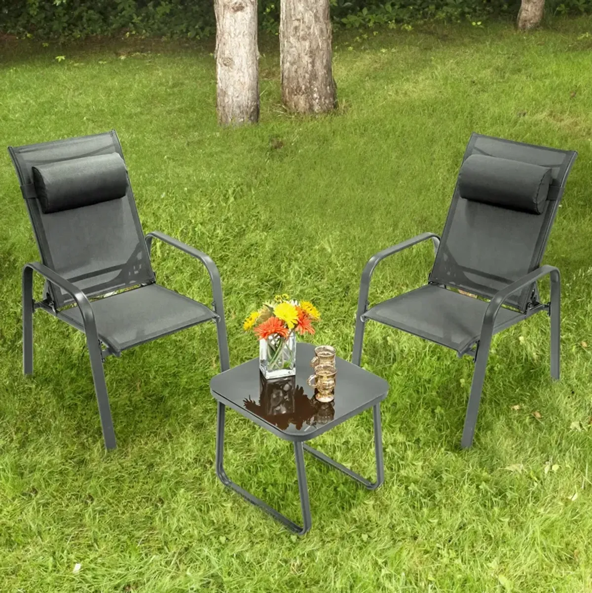 3 Pieces Patio Bistro Furniture Set with Adjustable Backrest