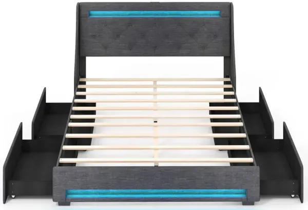 Upholstered Platform Bed Frame with LED Lights and Built-In Charging Station for Modern Convenience and Style