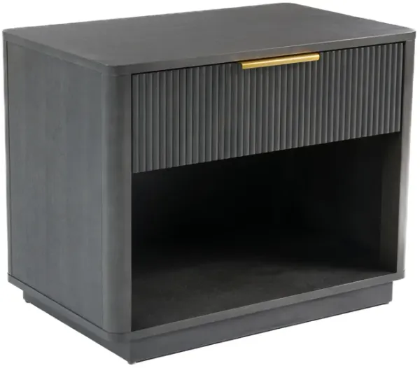 Noe Celia Nightstand, Retro Gray Rubberwood and Faux Wood, 32 Inch - Benzara