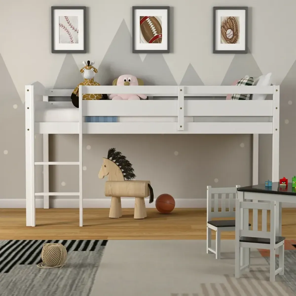 Wooden Twin Low Loft Bunk Bed with Guard Rail and Ladder