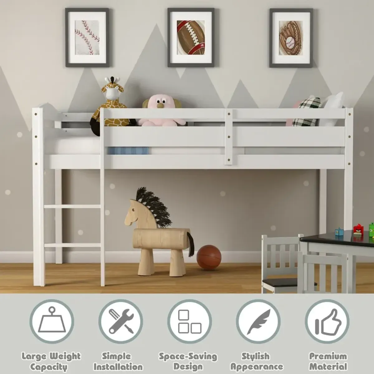 Wooden Twin Low Loft Bunk Bed with Guard Rail and Ladder