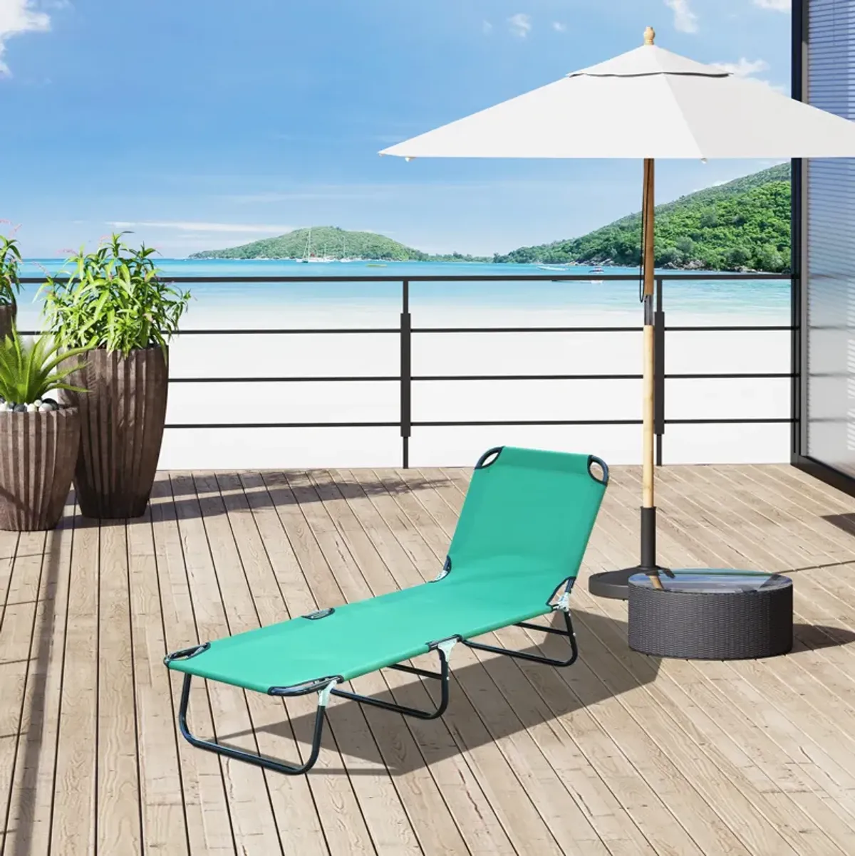 Outsunny Folding Chaise Lounge Pool Chair, Outdoor Sun Tanning Chair with Pillow, 5-Level Reclining Back, Steel Frame & Breathable Mesh for Beach, Yard, Patio, Green