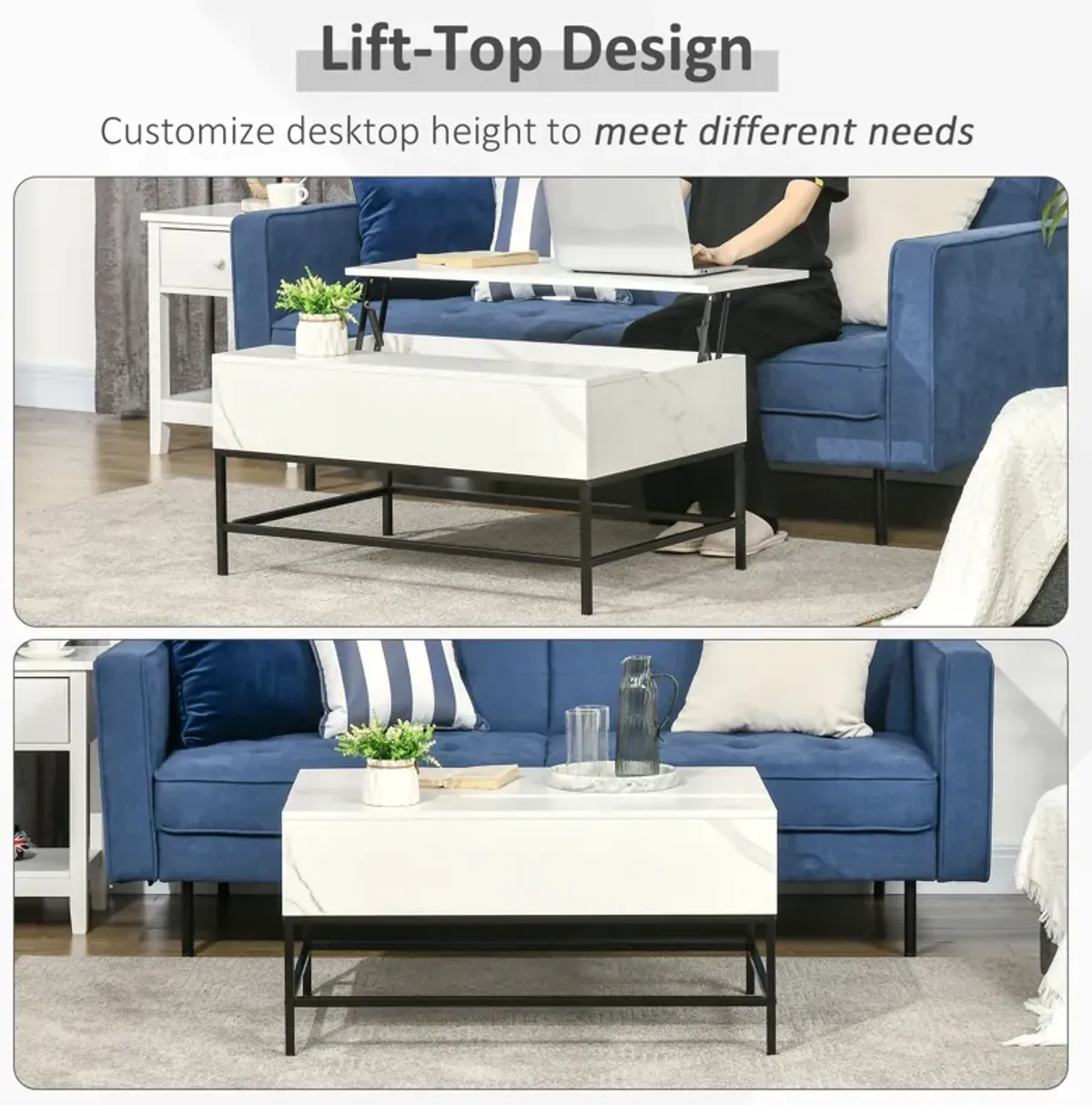 HOMCOM Modern Lift Top Coffee Table with Hidden Storage Compartment and Metal Legs, for Living Room, Home Office, White