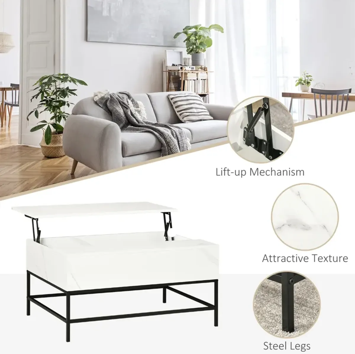 HOMCOM Modern Lift Top Coffee Table with Hidden Storage Compartment and Metal Legs, for Living Room, Home Office, White