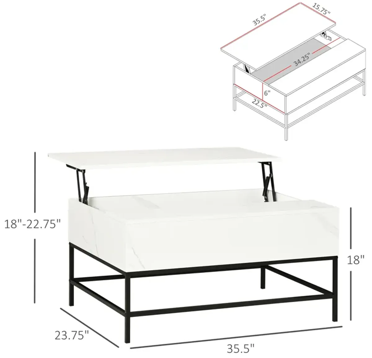 HOMCOM Modern Lift Top Coffee Table with Hidden Storage Compartment and Metal Legs, for Living Room, Home Office, White