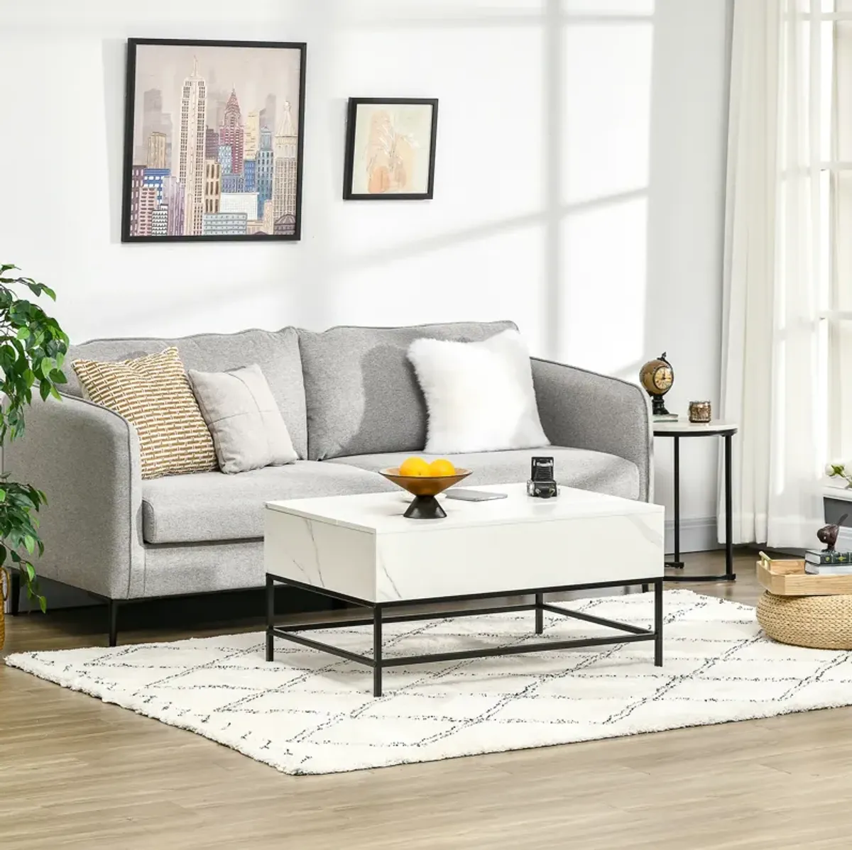 HOMCOM Modern Lift Top Coffee Table with Hidden Storage Compartment and Metal Legs, for Living Room, Home Office, White