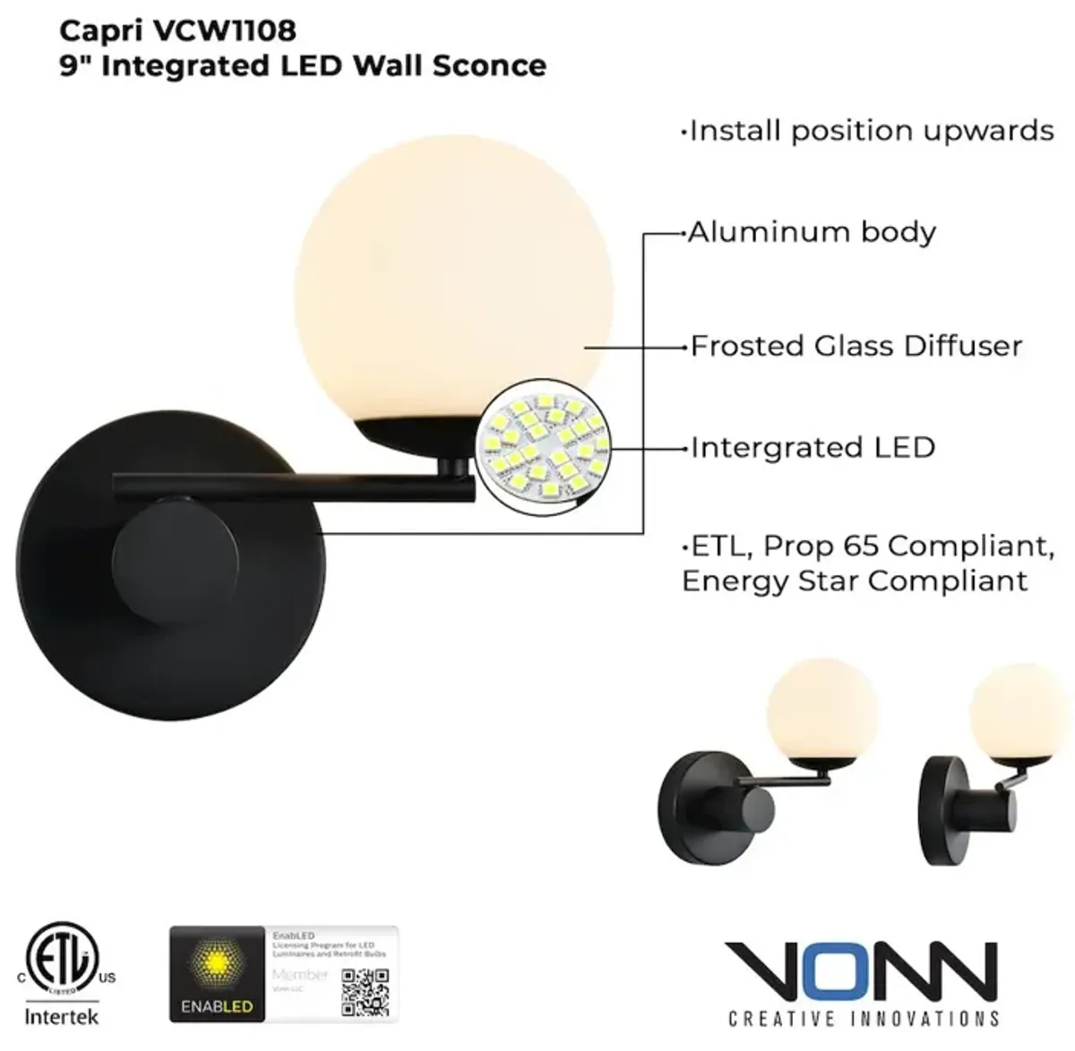 VONN Lighting Integrated LED Wall Sconce Light in Black with 1 Glass Shade