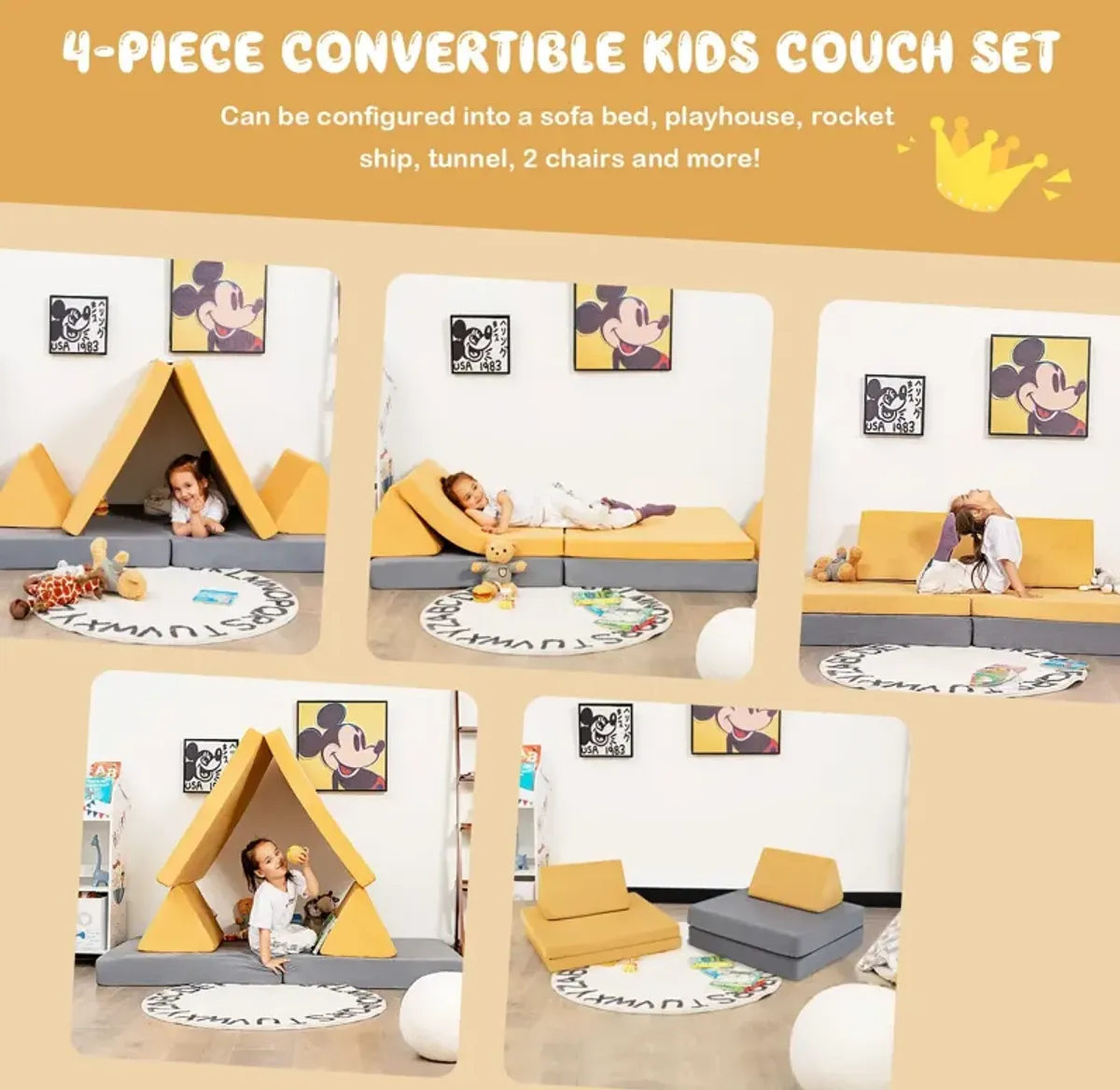 4 Pieces Convertible Kids Couch Set with 2 Folding Mats in Yellow