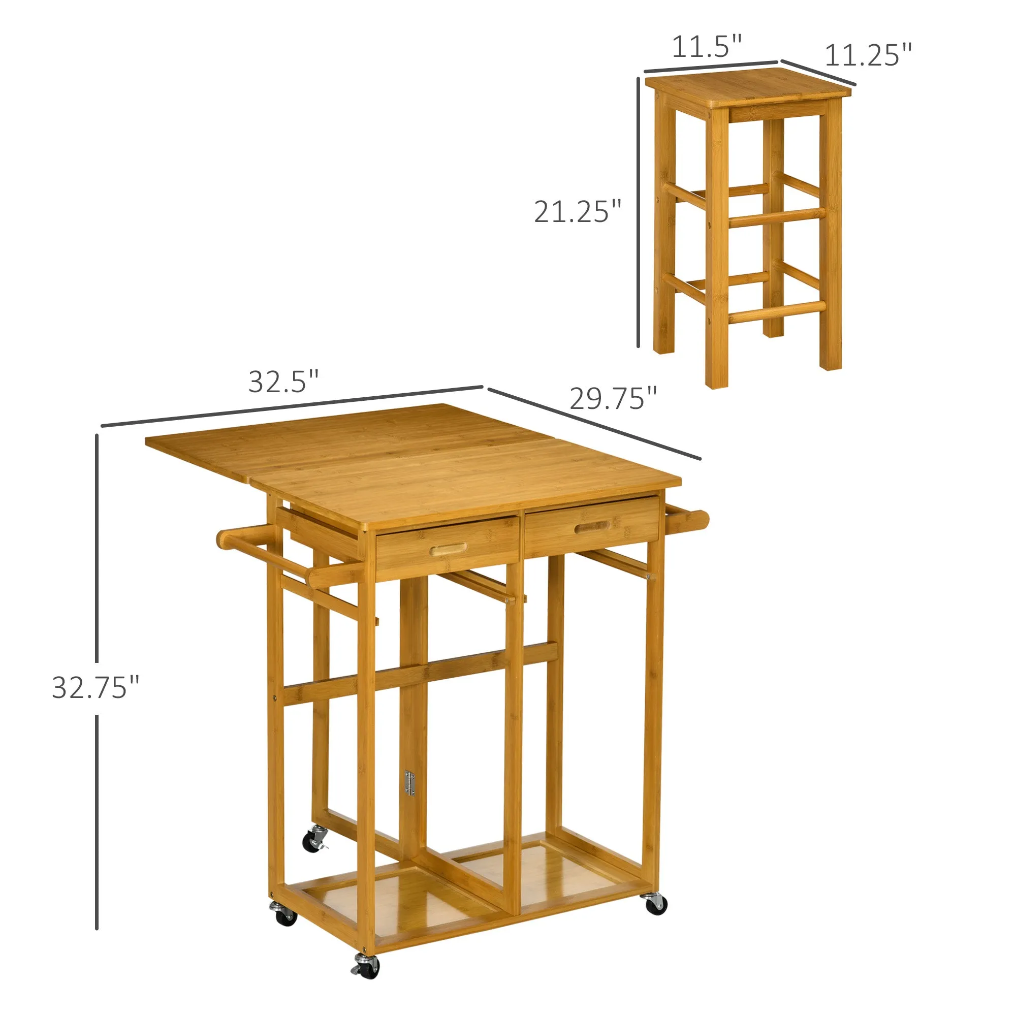 Bamboo Breakfast Cart 3 Piece Kitchen Trolley with Drop Leaf Table and 2 Square Stools, Brown