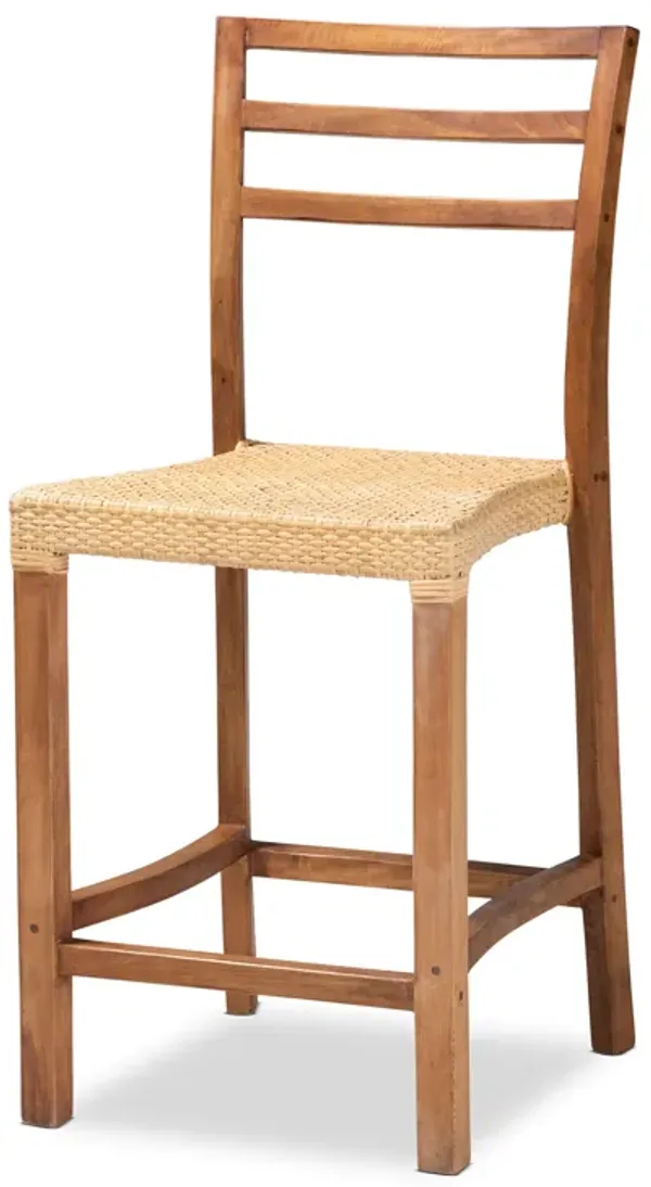 Baxton Studio Arthur Mid-Century Modern Walnut Brown Mahogany Wood and Natural Rattan Counter Stool