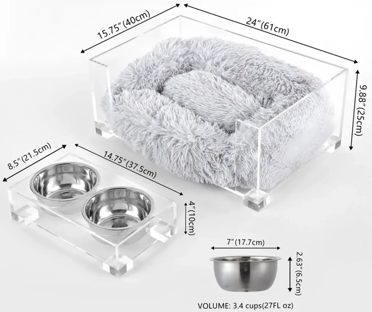 Billie Small Modern Lucite Calming Fluffy Pet Bed with Washable Cushion and Elevated Pet Feeder with 2-Stainless Steel Bowls (Set of 2)