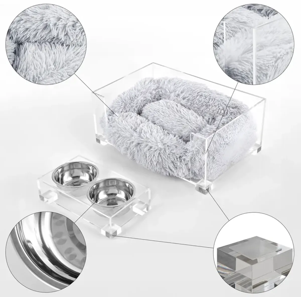 Billie Small Modern Lucite Calming Fluffy Pet Bed with Washable Cushion and Elevated Pet Feeder with 2-Stainless Steel Bowls (Set of 2)